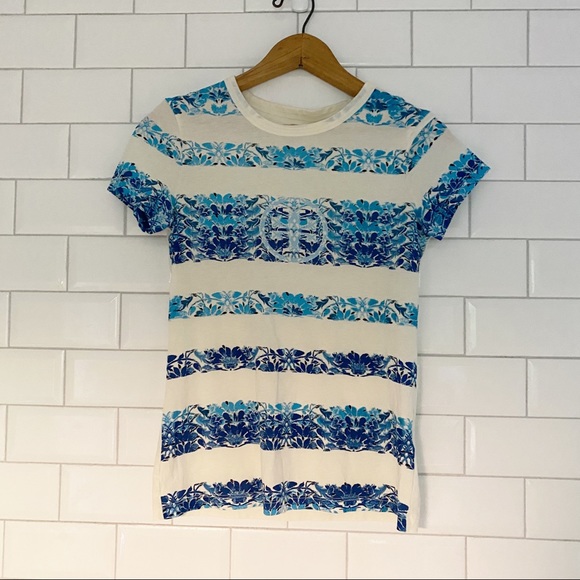 Tory Burch Cotton Logo T-Shirt XXS Blue Cream